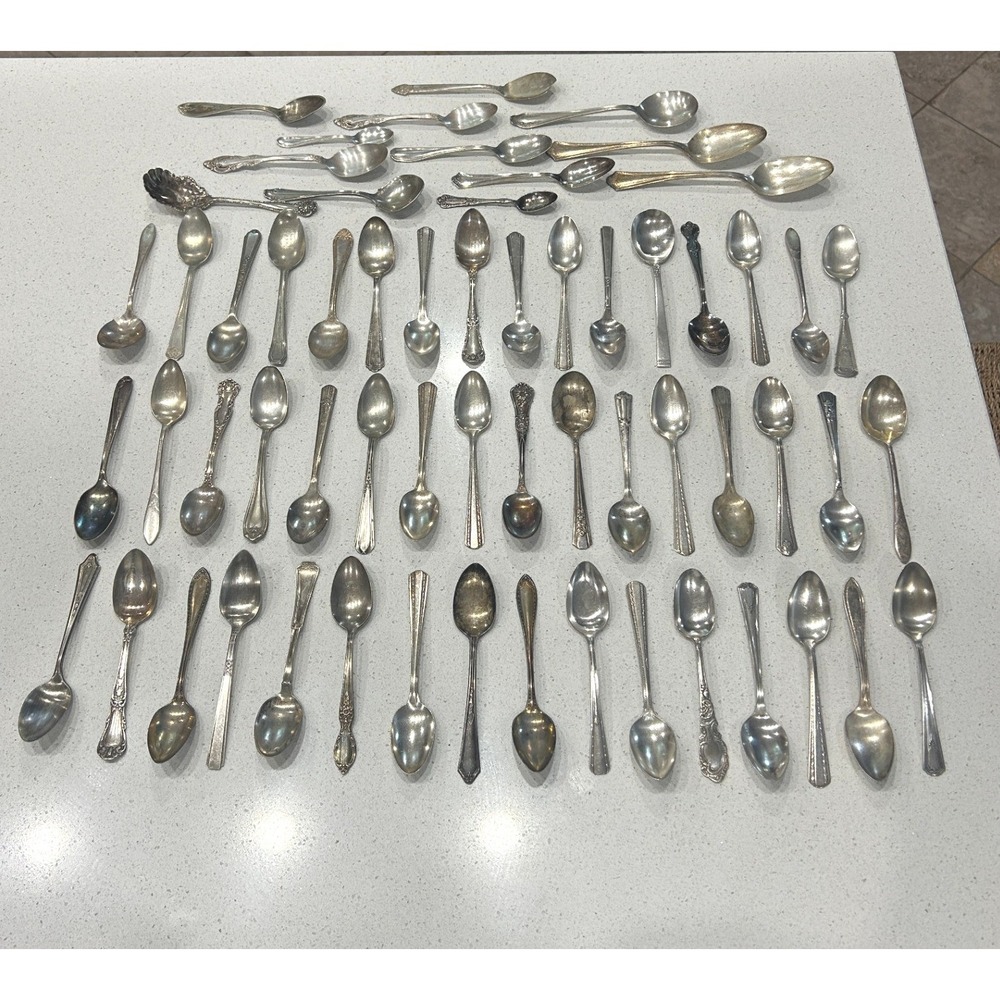 Vintage 48pc Silverplate Teaspoons Lot Mixed 1930s Antique Coffee Spoons Patina - Picture 3 of 11